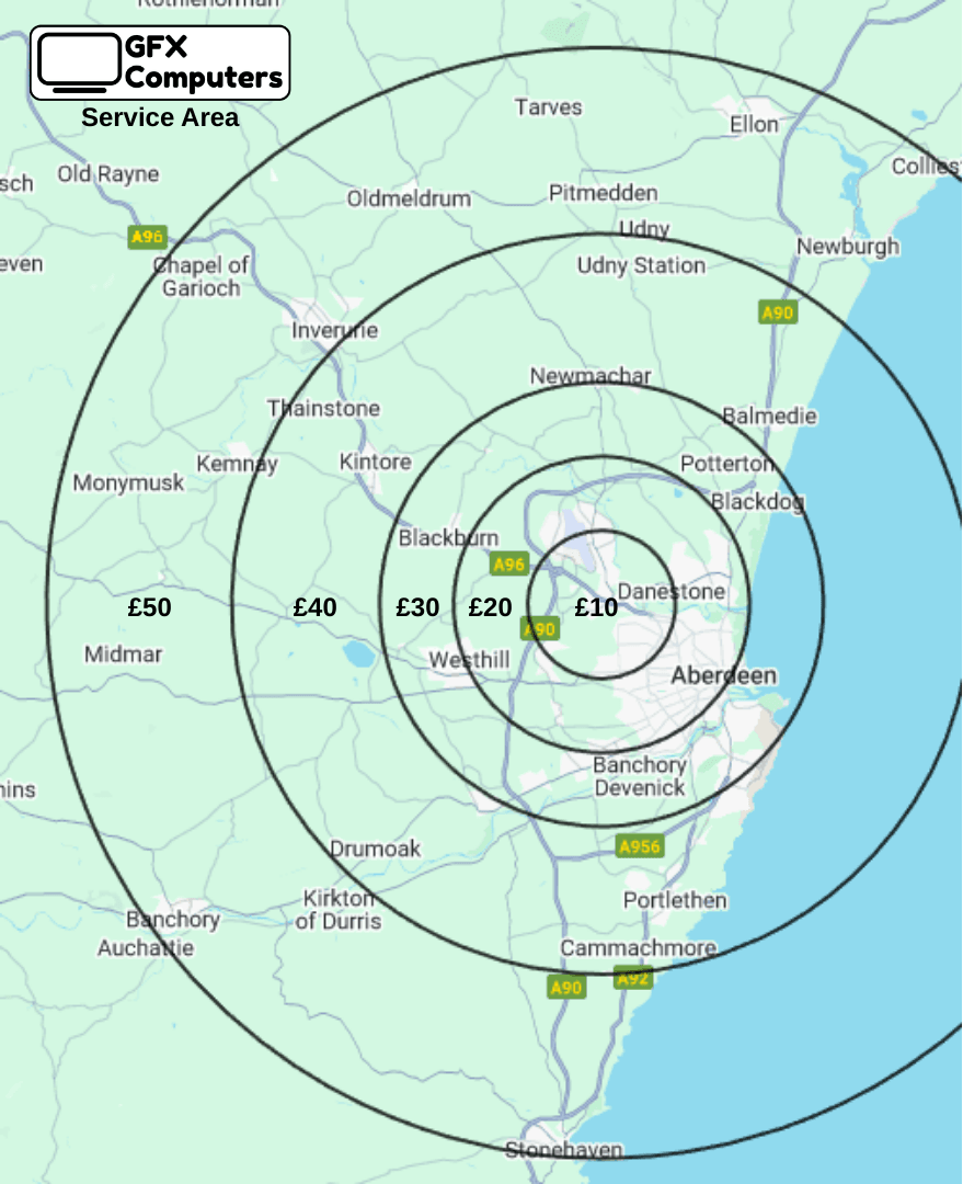 GFX Computers service area map showing Aberdeen and surrounding towns with call-out travel fees from £10 to £50 for home and small business IT support