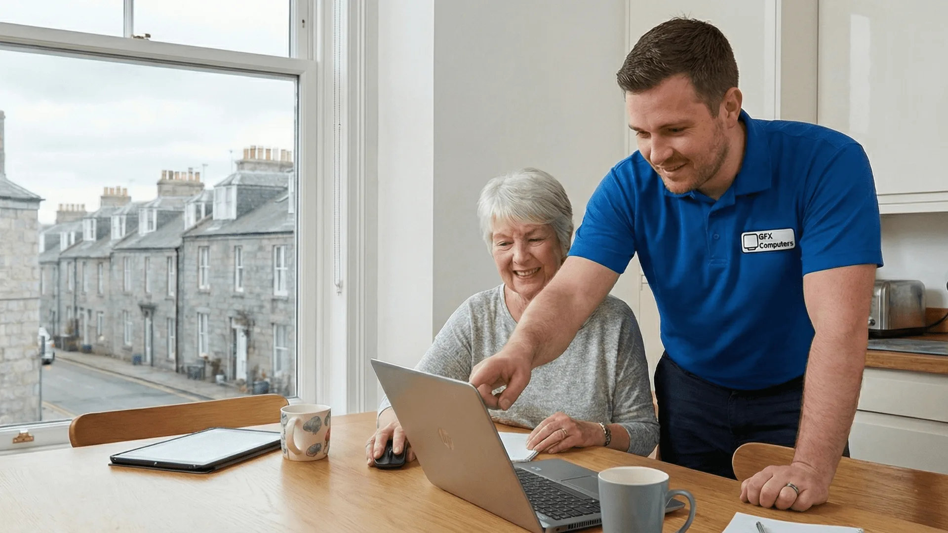 A friendly GFX Computers engineer helping an older customer with a laptop at a kitchen table in Aberdeen