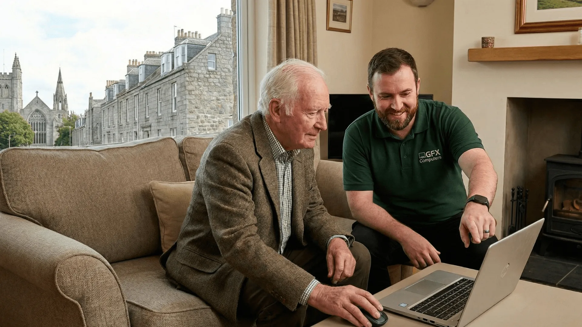 A GFX Computers engineer patiently helping an older customer with a laptop at home in Aberdeen
