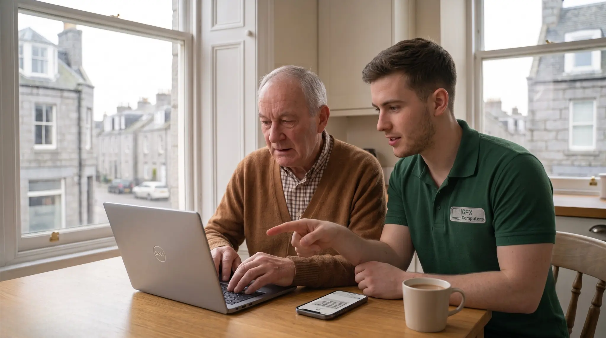 Patient engineer helping an older gentleman with his laptop in Aberdeen