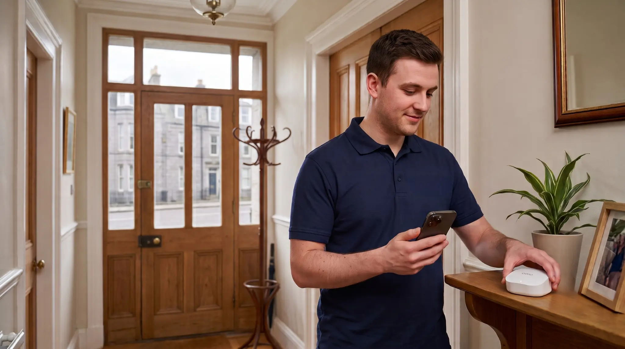Engineer installing a mesh Wi-Fi node in a hallway in an Aberdeen home